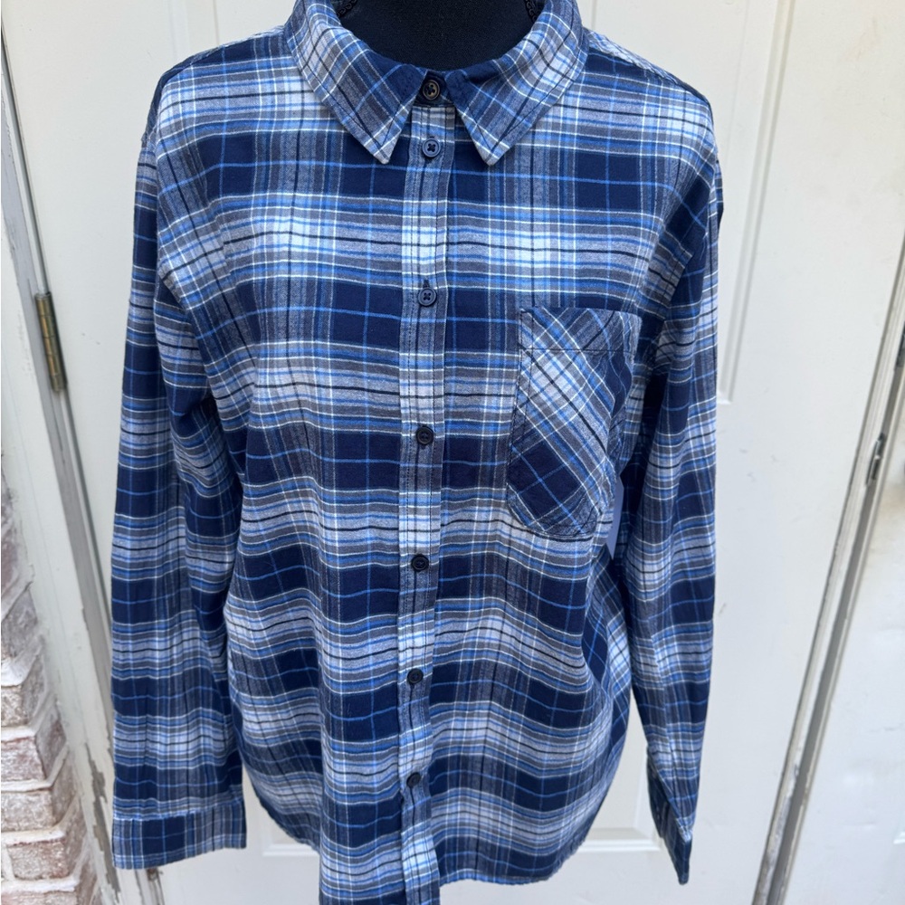 Time and Tru, Navy Plaid, Long Sleeve, Button-Down Shirt, Size XXL